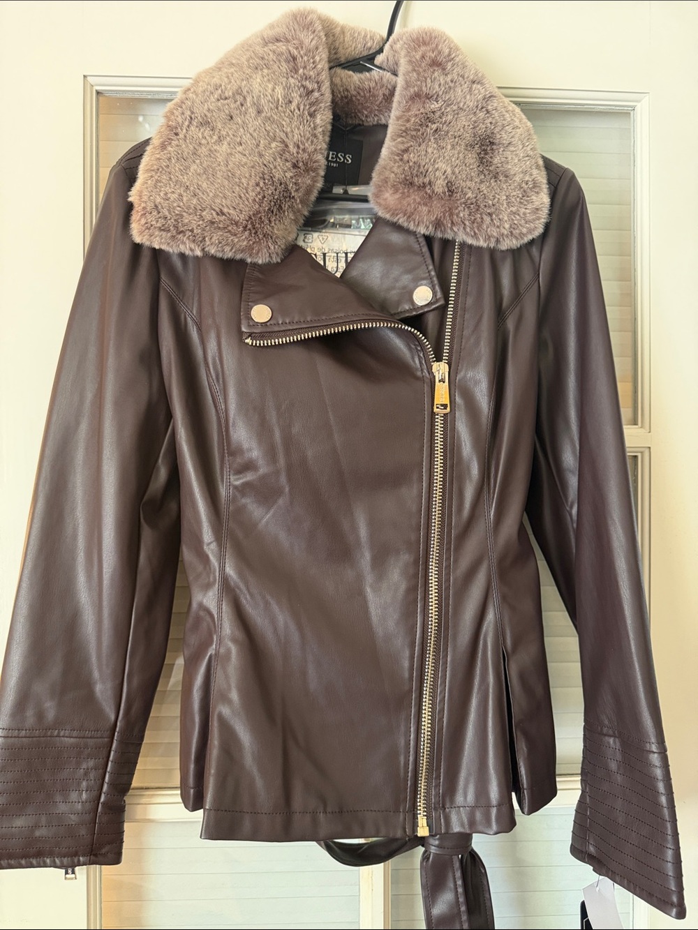 Guess Chocolate Brown Leather Jacket with Plush Collar